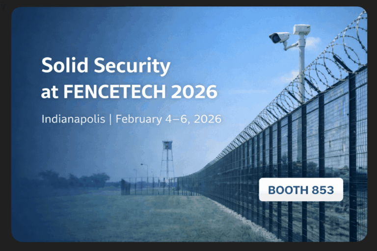 Promotional image for Solid Security exhibiting at FENCETECH 2026, featuring a secure perimeter fence and surveillance camera with booth information.
